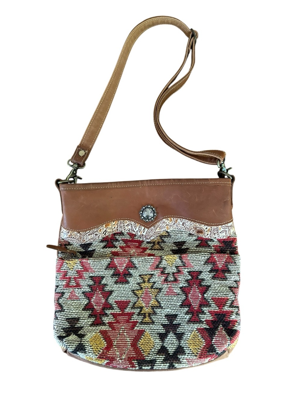 Myra Bag Desert Bloom Southwest Woven Tapestry Leather Shoulder Bag Concho